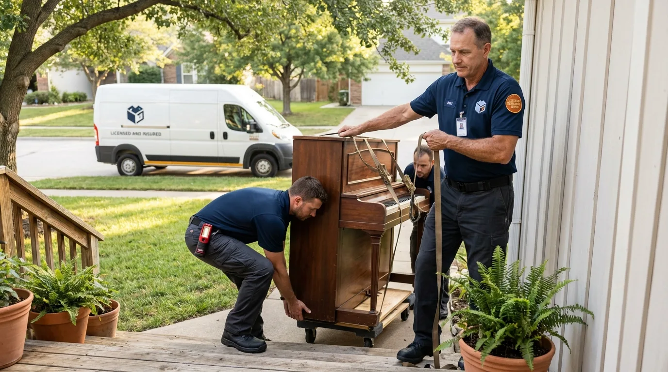 Licensed piano movers securing grand piano in Middletown, IN