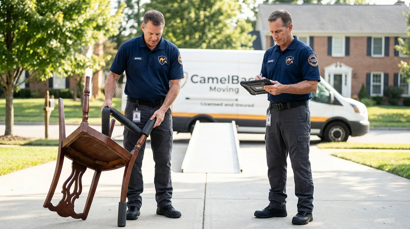 Movers inspecting furniture for damage prevention before loading in Middletown, IN