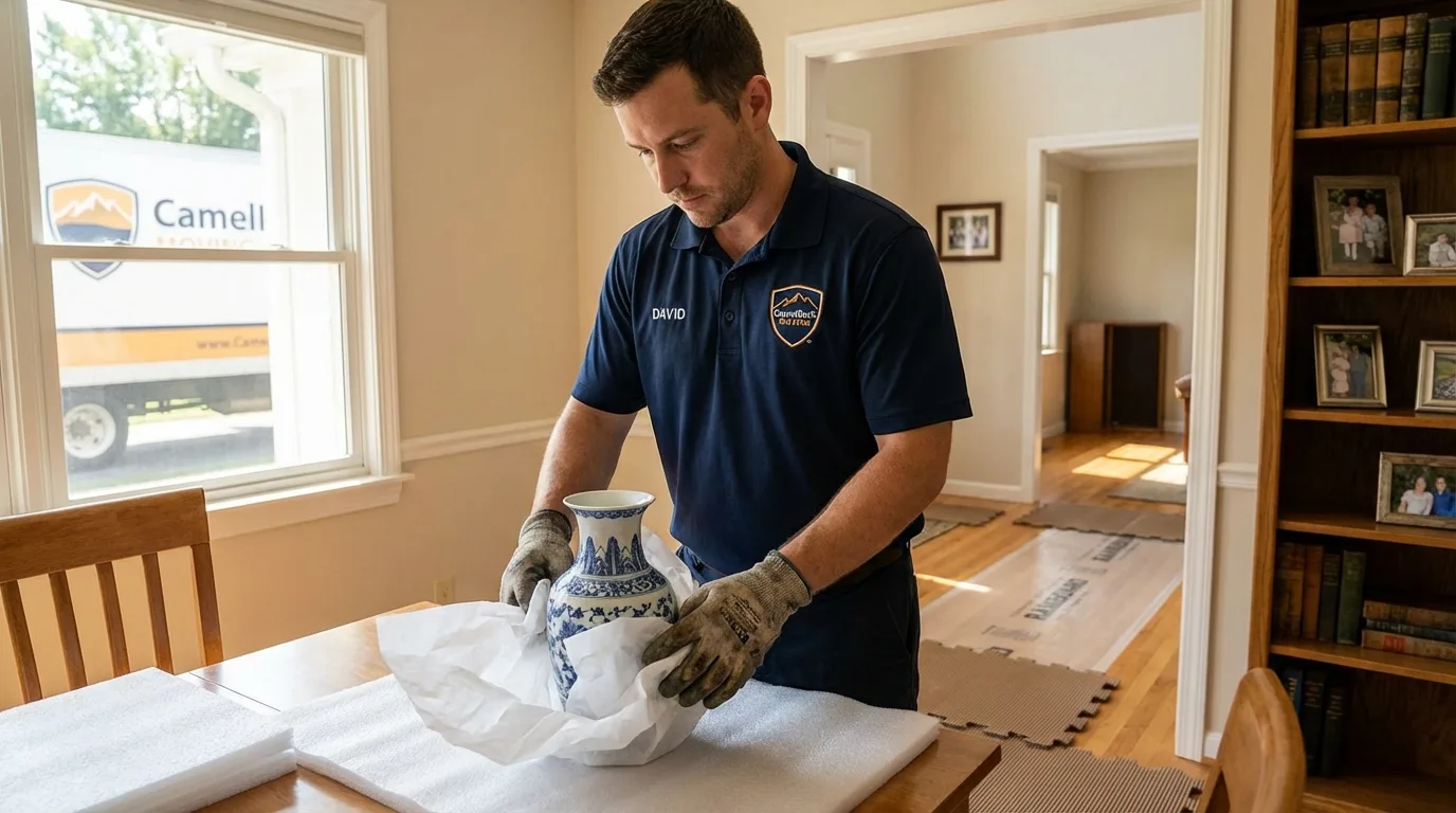 Professional crew carefully wrapping antique vase for senior downsizing move in Middletown, IN
